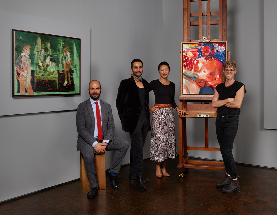 Xavier F. Salomon, Deputy Director and Peter Jay Sharp Chief Curator; Salman Toor; Aimee Ng, Curator; and Doron Langberg with Toor’s Museums Boys (2021) and Langberg’s Lover (2021) Photo: Joseph Coscia Jr.